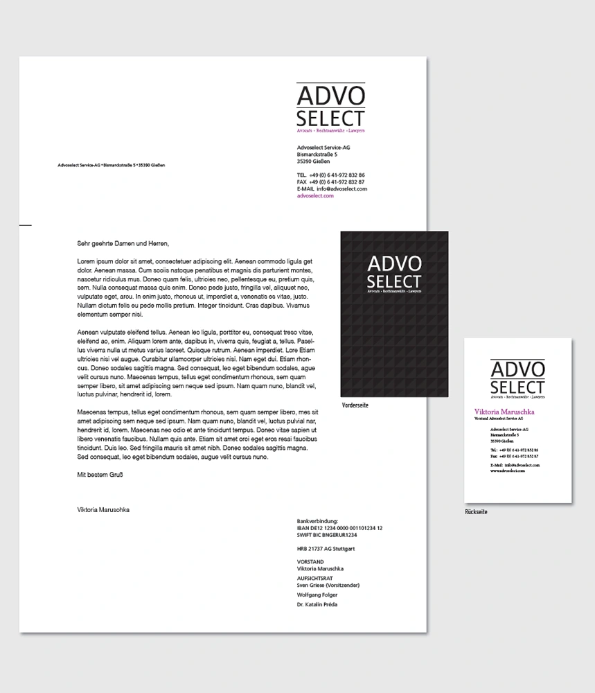 Advoselect – Auszug aus Strategie und Designpräsentation
